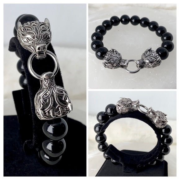 Men or women Rocker viking stainless steel tribal wolfs heads & genuine onyx - Picture 1 of 16